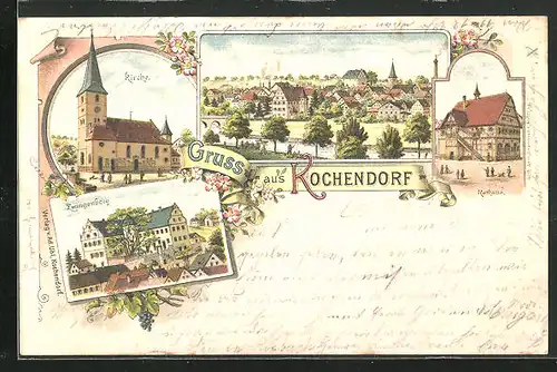 Lithographie Kochendorf, Zwingenberg, Kirche, Rathaus