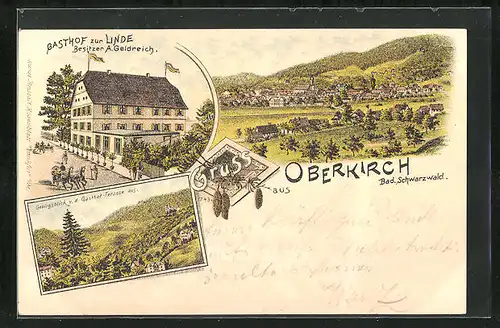 Lithographie Oberkirch /Schwarzwald, Gasthof zur Linde, Ortsansicht