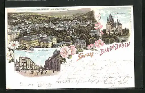 Lithographie Baden-Baden, Leopoldsplatz, Schloss Solms, Totalansicht