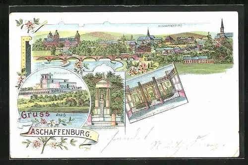 Lithographie Aschaffenburg, Monumentalbrunnen, Pompejanum, Wintergarten