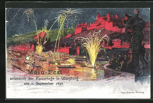 Künstler-AK Würzburg, Main-Fest 1897, Feuerwerk über dem Fluss