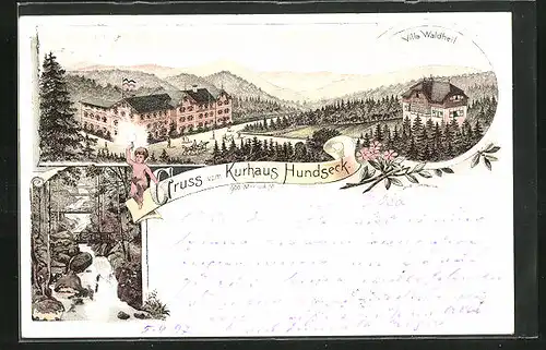 Lithographie Bühl, Kurhaus Hundseck, Villa Waldheil