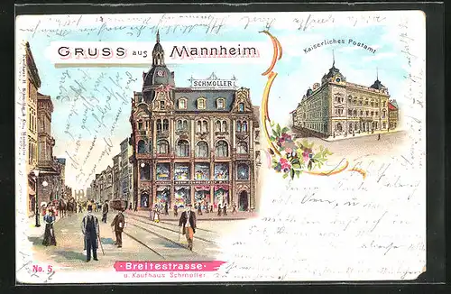 Lithographie Mannheim, Breitestrasse u. Kaufhaus Schmoller, Kaiserl. Postamt