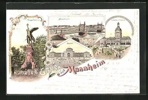 Lithographie Mannheim, Neckarbrücke, Paradeplatz m. Kaufhaus, Bahnhof