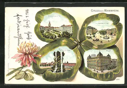 Passepartout-Lithographie Mannheim, Paradeplatz, Kaiserring, Post, Kleeblatt