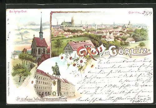 Lithographie Görlitz, Kaiser Wilhelm Denkmal, Totalansicht