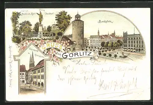 Vorläufer-Lithographie Görlitz, 1894, Marktplatz, Untermarkt m. Peterskirche