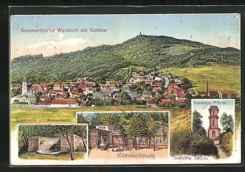 Künstler-AK Walddorf, Kottmarbaude, Spreequelle mit Kriegerhain, Aussichts-Turm