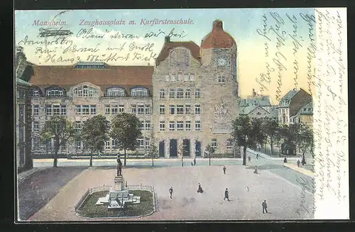 AK Mannheim, Zeughausplatz mit Kurfürstenschule und Denkmal