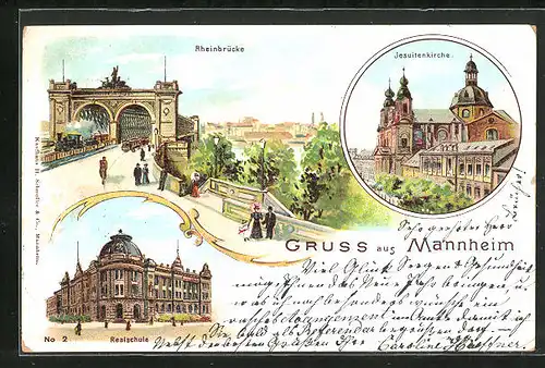 Künstler-AK Mannheim, Rheinbrücke, Jesuitenkirche, Realschule