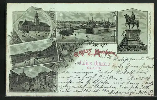 Mondschein-Lithographie Mannheim, Denkmal Kaiser Wilhelm I. Neue Neckar Brücke, Rathaus
