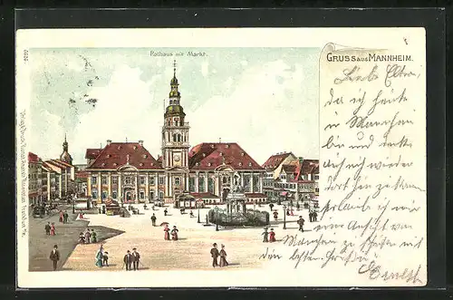 Lithographie Mannheim, Rathaus mit Markt