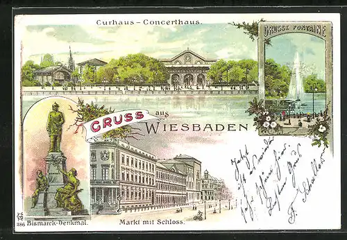 Lithographie Wiesbaden, Curhaus-Concerthaus, Markt mit Schloss, Bismarck-Denkmal