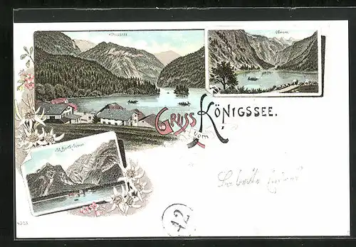 Lithographie St. Bartholomae, Ortspartie, Königssee, Obersee