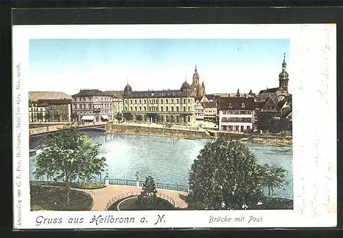 Goldfenster-AK Heilbronn a. N., Brücke und Post mit leuchtenden Fenstern