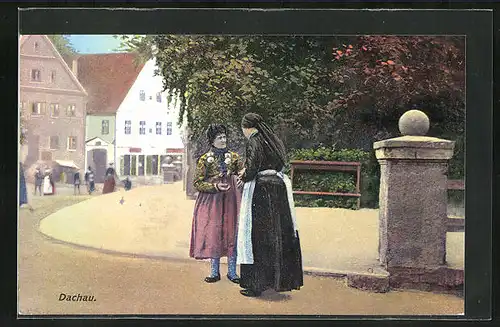 AK Dachau, Strassenpartie mit Gebäudeansicht und zwei Frauen