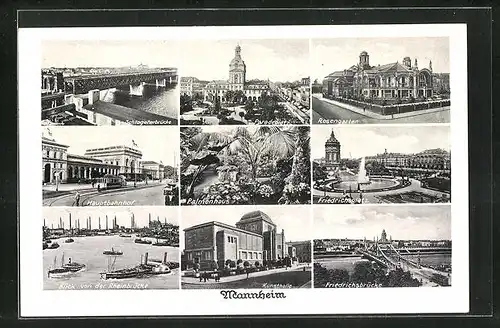 AK Mannheim, Schlageterbrücke, Rosengarten, Kunsthalle, Palmenhaus