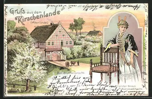 Lithographie Jork, Gutshof bei Blütenpracht und Altländer Braut in Nationaltracht