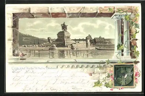 Passepartout-Lithographie Koblenz, Kaiser Wilhelm Denkmal mit Wappen