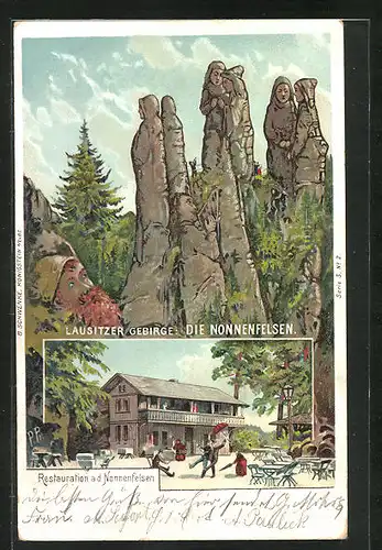 Lithographie Schwenke Ser. 5 Nr. 2: Lausitzer Gebirge, Restaurant a. d. Nonnenfelsen, Berg mit Gesicht / Berggesichter