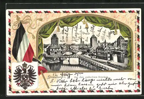 Passepartout-Lithographie Strassburg i. E., Bei den gedeckten Brücken, Fahne und Wappen