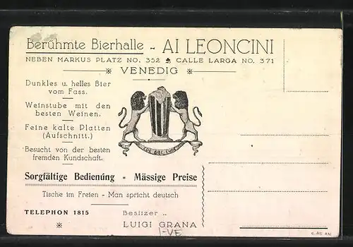 AK Venedig, Bierhalle Ai Leoncini, Calle Larga No. 371