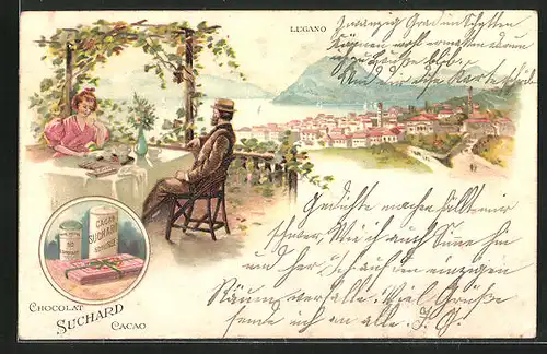 Lithographie Lugano, Paar blickt von der Terrasse auf die Stadt, Suchard Chocolat & Cacao