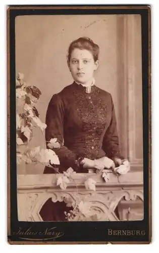 Fotografie Julius Nary, Bernburg, Carlsplatz 29, Portrait junge Dame im bestickten Kleid