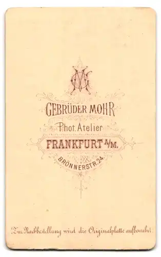 Fotografie Gebrüder Mohr, Frankfurt a /M., Brönnerstrasse 24, Portrait junge Dame im Kleid mit Medaillon