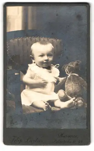 Fotografie Filip Pavlus, Husovice, Palackeho Tr. 49, Portrait Kleinkind im weissen Kleid mit Teddybär