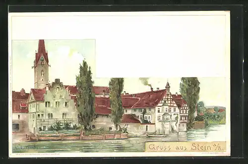 Lithographie Stein a. Rh., Flusspartie