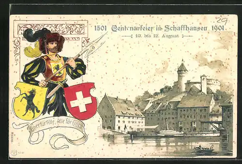 Präge-AK Schaffhausen, Centenarfeier 1901, Helebardier, Wappen