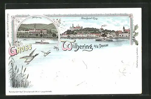 Lithographie Wilhering a. d. Donau, Ortsansicht mit Dampfer, Gesamtansicht von Ottensheim bei Linz mit Dampfer