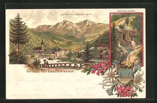 Lithographie Lauffen bei Ischl, Ohorinsky-Klause, Ortsansicht gegen Hoch-Kahlenberg