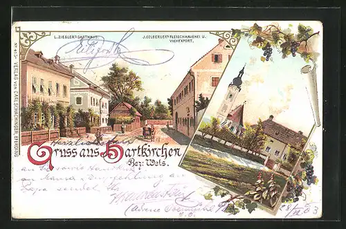 Lithographie Hartkirchen, Gasthaus L. Ziegler & Fleischhauerei J. Ozlberger, an der Kirche
