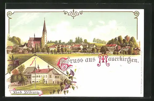 Lithographie Mauerkirchen, Hotel Bad Biburg, Totale mit Kirche