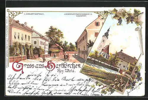 Lithographie Hartkirchen, an der Kirche, Gasthaus L. Ziegler, Fleischhauerei J. Ozlberger