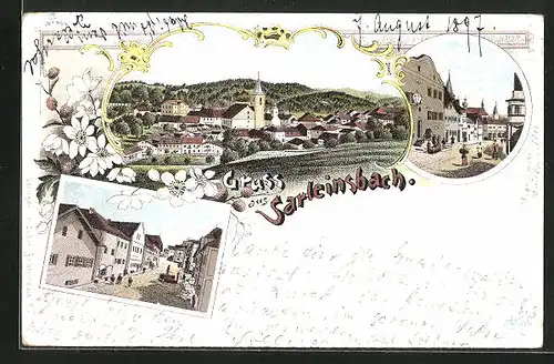 Lithographie Sarleinsbach, Strassenansichten, Stadtpanorama mit Kirche