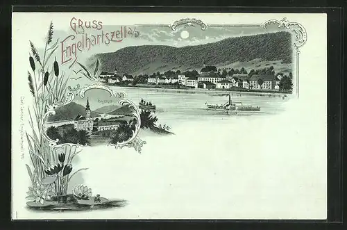 Mondschein-Lithographie Engelhartszell a. D., Ortsansicht über die Donau, Donaudampfer