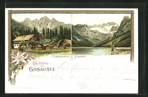 Lithographie Gosausee, Gasthaus Gosauschmied