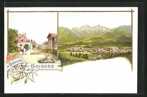 Lithographie Goisern, Ortsansicht mit Gebirge