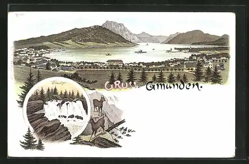 Lithographie Gmunden, Ortsansicht mit See, Traunfall