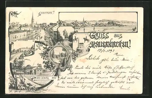 Lithographie Mauerkirchen, Marktplatz, Bad Biburg, Schloss Spitzenberg