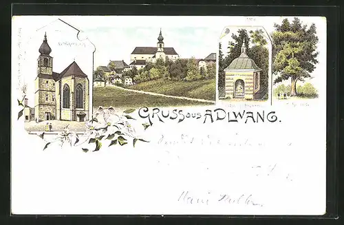 Lithographie Adlwang, Der Heilige Brunnen, Hohe Linde, Wallfahrtskirche