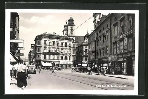 AK Linz a. d. D., Taubenmarkt mit Geschäften