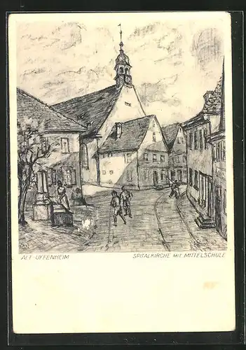 Künstler-AK Alt-Uffenheim, Spitalkirche mit Mittelschule