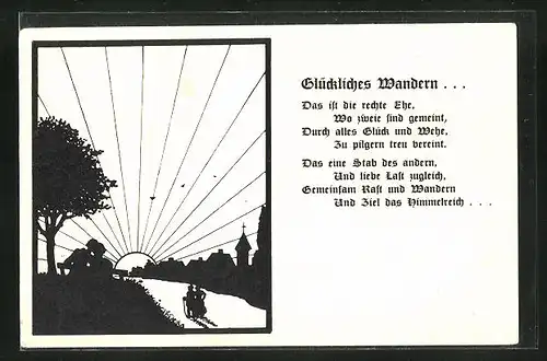 AK Paar wandert der untergehenden Sonne entgegen, Glückliches Wandern..., Scherenschnitt