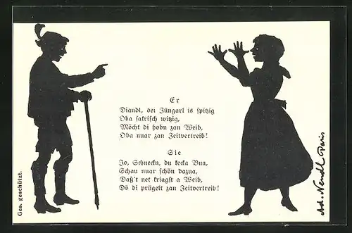 AK Mädchen zeigt dem jungen Mann die Nase, Scherenschnitt