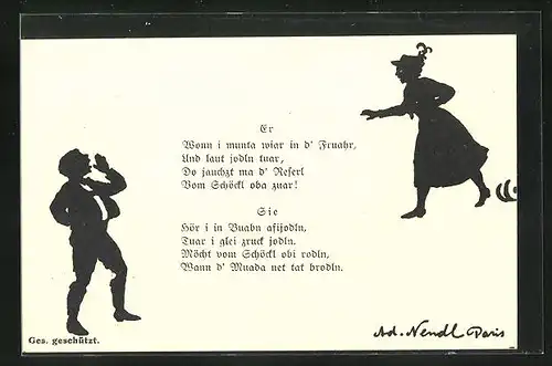 AK Junger Mann ruft nach dem Mädchen, Scherenschnitt