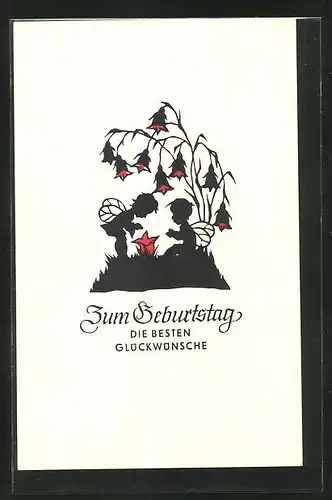 AK Schmetterlingskinder betrachten eine Blume auf der Wiese, Glückwünsche zum Geburtstag! Scherenschnitt